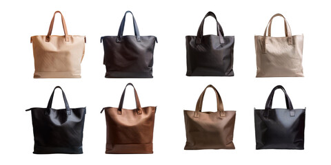 Variety of Stylish Leather Tote Bags, set collection, mega bundle, isolated on transparent background