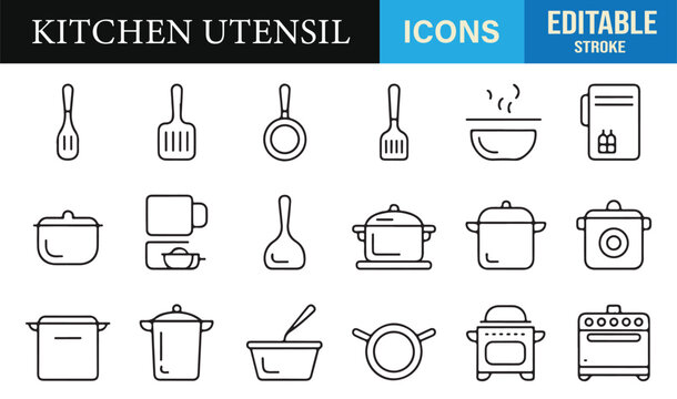 Thin-line culinary icon collection ideal for recipe apps, cooking content, and food branding