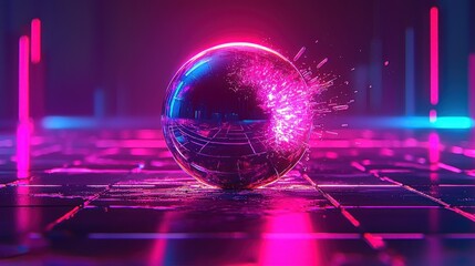 Abstract neon-lit scene glossy sphere explodes with vibrant pink particles