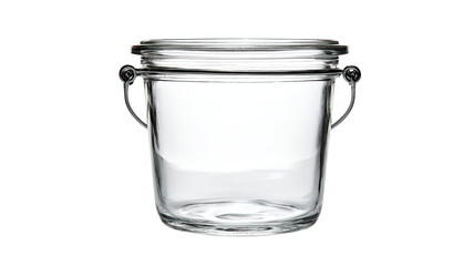  transparent glassware containers, including an empty glass jar, a glass of water, and an empty bottle, are isolated on a white background