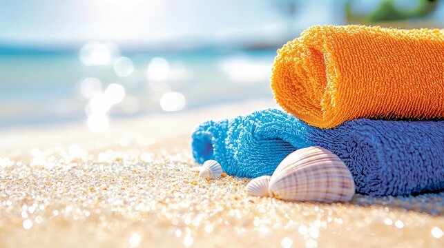 Two rolled towels, one blue and one orange, are placed on a sandy beach next to seashells with the ocean and bright sunlight in the background.