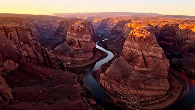 A serene river or stream gently flowing through the canyon floor, reflecting the towering cliffs above, providing a sense of calm and illustrating the persistent force of erosion.
