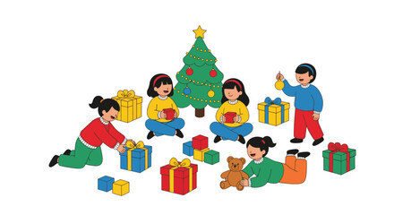 2D vector illustration on pure white children playing with new toys under a small Christmas tree. Stylized joyful poses, gift boxes scattered, simple toys (blocks, teddy bear), no facial details,  