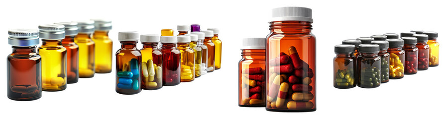 Assorted Bottles of Colorful Capsules and Pills on a White Background, Isolated on Transparent Background