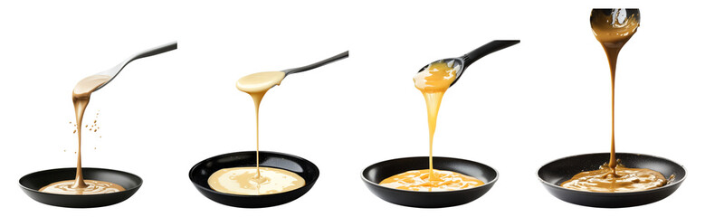 Stream of Delicious Sauces Flowing from Spoons onto Black Plates, Isolated on Transparent Background