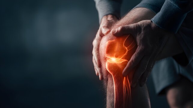 Close-up of person holding painful knee with glowing joint illustration, medical concept of arthritis, injury, inflammation and physical therapy care