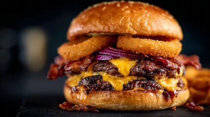 Close-up of a decadent double cheeseburger with crispy onion rings and savory bacon bits on a dark rustic surface, showcasing melted cheese layers and rich gourmet fast food detail