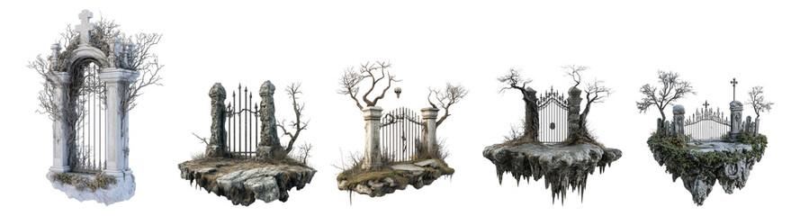 Fantastical Garden Ruins with Ethereal Structures and Flora Elements, Isolated on Transparent, white background
