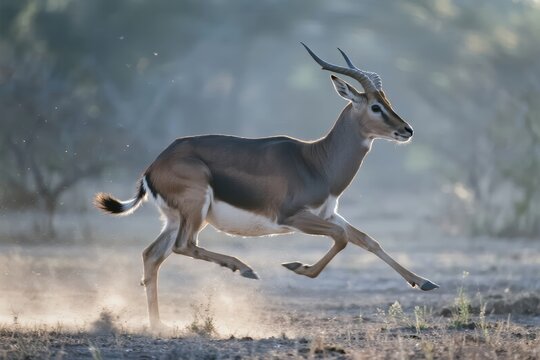Impala antelope running across dry savanna, kicking up dust in natural habitat