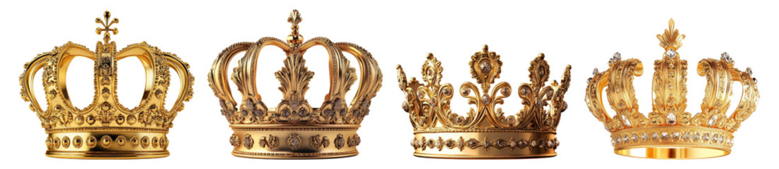Elegant Collection of Golden Crowns for Royalty and Celebration, Isolated on Transparent Background