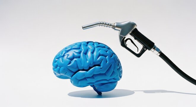 Blue human brain model next to a silver fuel pump nozzle on a white background