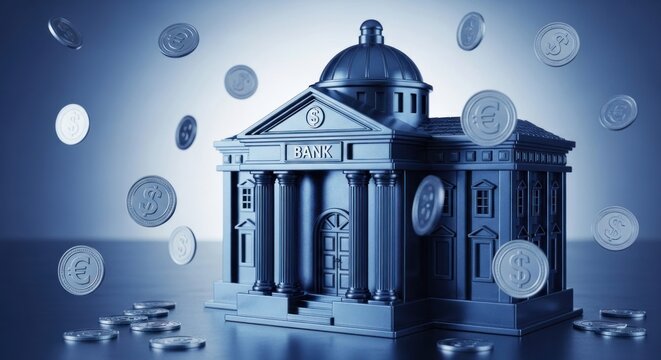 Blue-toned miniature financial building surrounded by falling dollar and euro coins