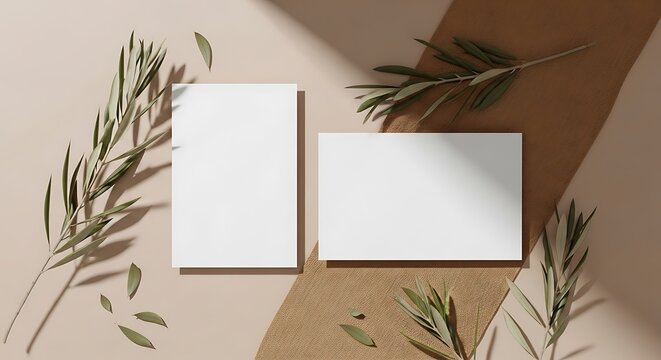 Two blank business cards, one vertical and one horizontal, with olive branches and natural sunlight shadows on a beige burlap background