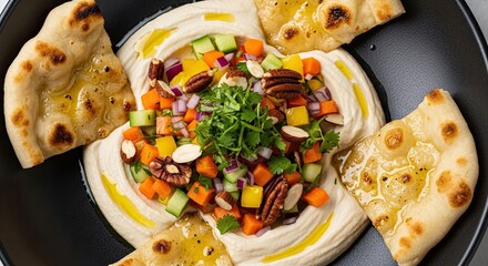 Creamy Chickpea Hummus Topped with Fresh Vegetable Salad and Toasted Nuts Served with Warm Pita Bread