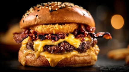 Close-up of a decadent double cheeseburger with crispy onion rings and savory bacon bits on a dark rustic surface, showcasing melted cheese layers and rich gourmet fast food detail