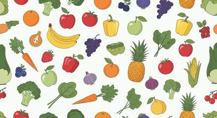 Colorful Seamless Pattern of Fresh Fruits and Vegetables