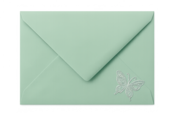 Mint green envelope with embossed butterfly for spring, wedding, or celebration invitation, mail, letter, or stationery