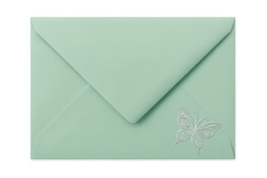 Mint green envelope with embossed butterfly for spring, wedding, or celebration invitation, mail, letter, or stationery