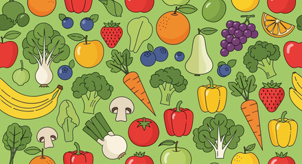 Colorful Seamless Pattern of Fresh Fruits and Vegetables