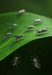 Naklejka premium “Tiny robotic insects crawling on green leaf, concept of micro AI technology.”