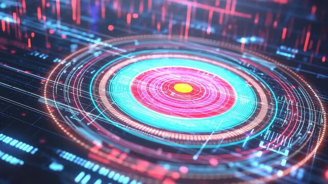 Futuristic data processing interface with vibrant circular design and dynamic visual elements, Futuristic circular interface with data processing over grid background
