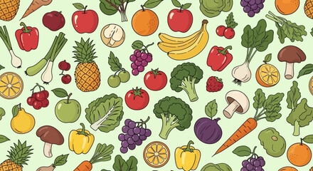 Colorful Seamless Pattern of Fresh Fruits and Vegetables