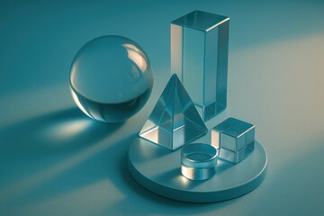 Clear geometric shapes on a circular base with teal lighting and long shadows