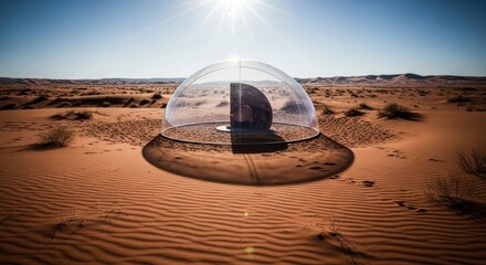 Clear hemispherical dome encloses dark orb, reflecting bright sun in vast sandy desert