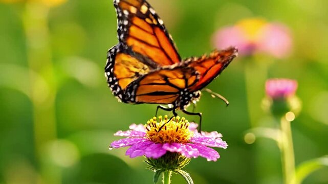 Wide angle shot of a tranquil natural garden scene featuring multiple colorful butterflies gracefully flitting amongst a diverse array of wildflowers under a clear, bright sky.