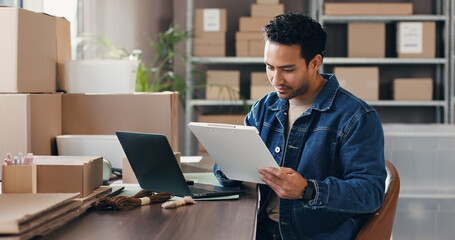 Distribution, clipboard and man in workplace, planning and supply chain with checklist for stock....