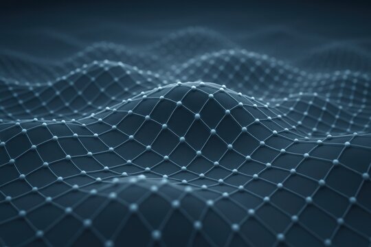 Close-up of an abstract dark blue digital mesh with white dots creating waves