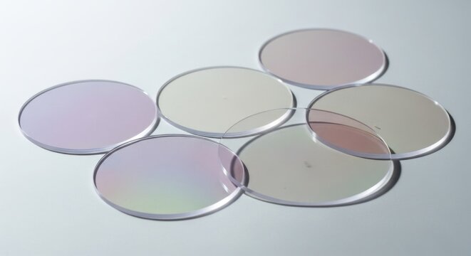 Close-up of six circular optical lenses or filters with colorful anti-reflective coatings