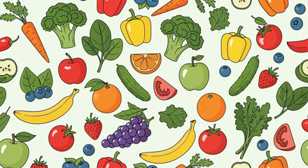Colorful Seamless Pattern of Fresh Fruits and Vegetables