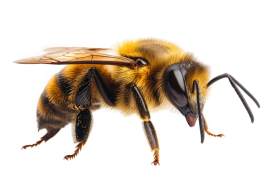 A detailed closeup of a honeybee isolated on transparent background, displaying its goldenbrown hues, delicate wings, and intricate anatomical details