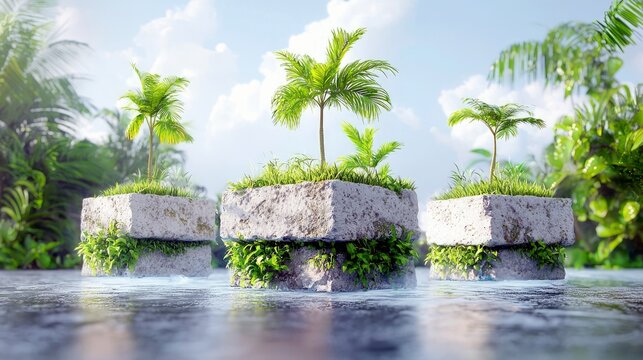 Three stone platforms with palm trees and lush greenery rise from the water under a bright, cloudy sky, creating a serene tropical scene.