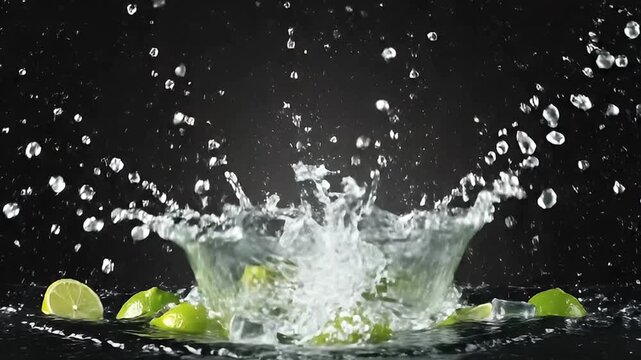 A dynamic high-speed shot captures vibrant green lime wedges creating an exhilarating splash as they impact crystal-clear water against a deep black background. The slow-motion effect highlights the i