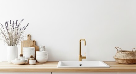 Modern bathroom vanity with gold faucet and decorative accents