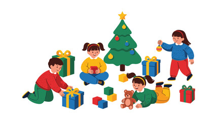2D vector illustration on pure white children playing with new toys under a small Christmas tree. Stylized joyful poses, gift boxes scattered, simple toys (blocks, teddy bear), no facial details,  
