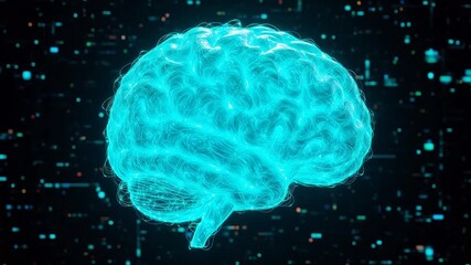 Rotating holographic digital human brain scanning on dark background - Powered by Adobe