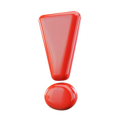 A glossy three dimensional bright red exclamation mark rendered in 3d on a stark black background...