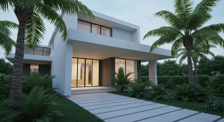 Contemporary white residence, large windows, surrounded by palm trees and tropical greenery