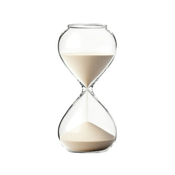 A clear glass hourglass with fine sand flowing from the top bulb to the bottom bulb against a stark black background symbolizing the passage of time and urgency