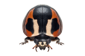 Closeup of a ladybug isolated on transparent background, showcasing its black and orange patterned shell, small legs, and intricate facial details