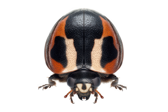 Closeup of a ladybug isolated on transparent background, showcasing its black and orange patterned shell, small legs, and intricate facial details