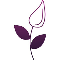 Minimalist abstract botanical illustration of a purple gradient flower bud with two leaves on a transparent background simple elegant graphic design element