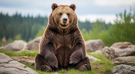 Majestic Grizzly Bear Sits Calmly in its Natural Wilderness Habitat