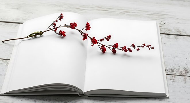 Open blank book or notebook with a branch of red berries on its pages, resting on a rustic white wooden table