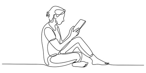 Continuous one line drawing of a person sitting cross-legged, intently focused on a tablet, symbolizing digital communication and modern lifestyle