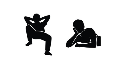 Two silhouetted figures in relaxed contemplative poses against a white background