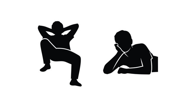 Two silhouetted figures in relaxed contemplative poses against a white background